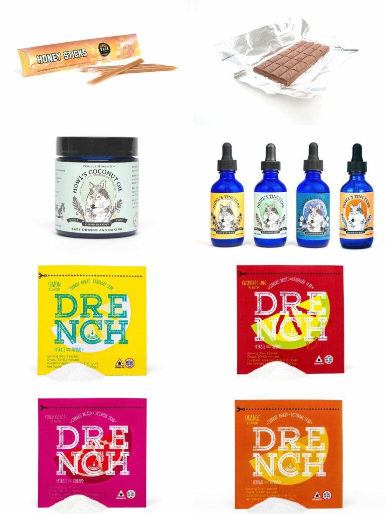A grid of photos of cannabis infused edibles that can be added to beverages.
